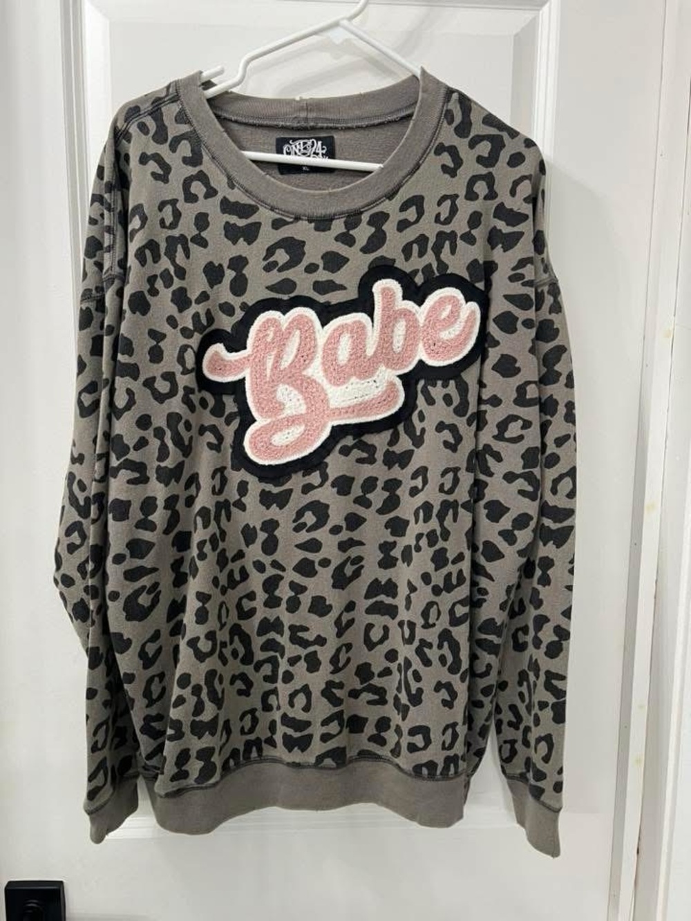 Leopard Crewneck Sweater with Pink 'Babe' Patch